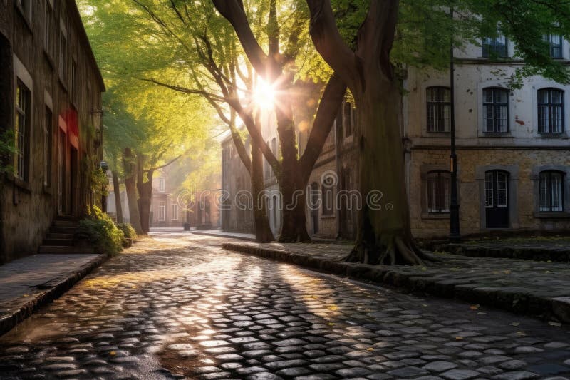 sun rays breaking through trees onto cobblestones, created with generative ai. sun rays breaking through trees onto cobblestones, created with generative ai