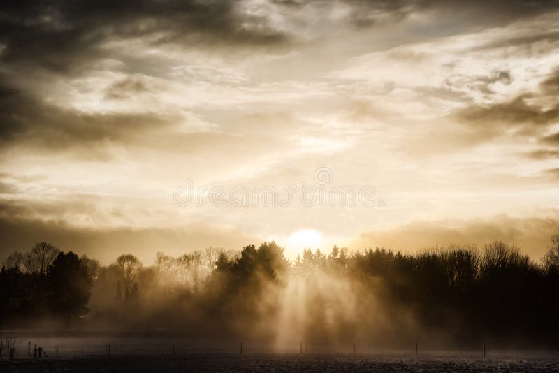 Sunset on foggy winter evening over agrarian fields and forest. Sunset on foggy winter evening over agrarian fields and forest