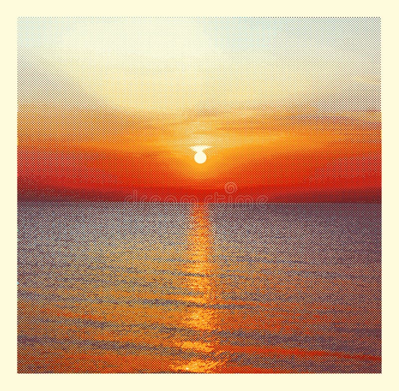 Sonnenuntergang auf dem Meer mit Wassersonnenreflexion Weinleseschmutz-Zusammenfassungslandschaft mit Ausgleichdruckeffekt Retro- stock abbildung Sonnenuntergang auf dem Meer mit Wassersonnenreflexion Weinleseschmutz-Zusammenfassungslandschaft mit Ausgleichdruckeffekt Retro- stock abbildung