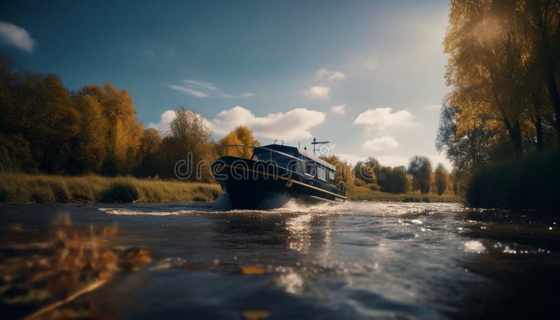 Sonnenuntergang auf ruhigem Wasser zu einem gemütlichen Herbstabenteuer, das durch Luft erzeugt wird lizenzfreie abbildung