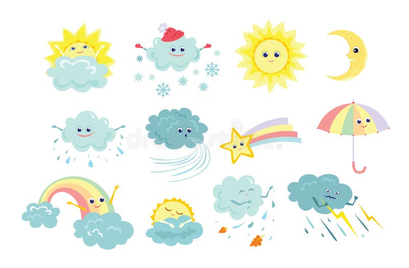 Sonnenwettersymbole auf weißem Hintergrund abgesetzt Vector-Illustration von Sonne, Regen, Sturm, Schnee, Wind, Mond, Stern, Rege vektor abbildung