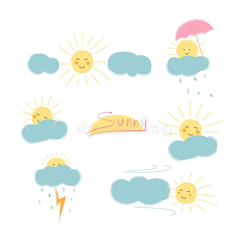 Funny cartoon set of six suns and clouds in different situations, vector illustration. Funny cartoon set of six suns and clouds in different situations, vector illustration