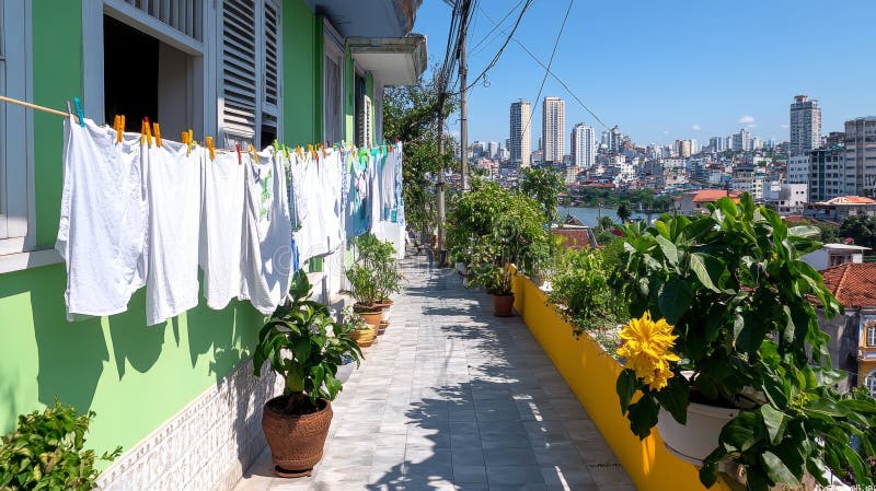 Sonniger Balkon mit Wäschetrockner und Sicht auf die Skyline der Stadt lizenzfreies stockfoto
