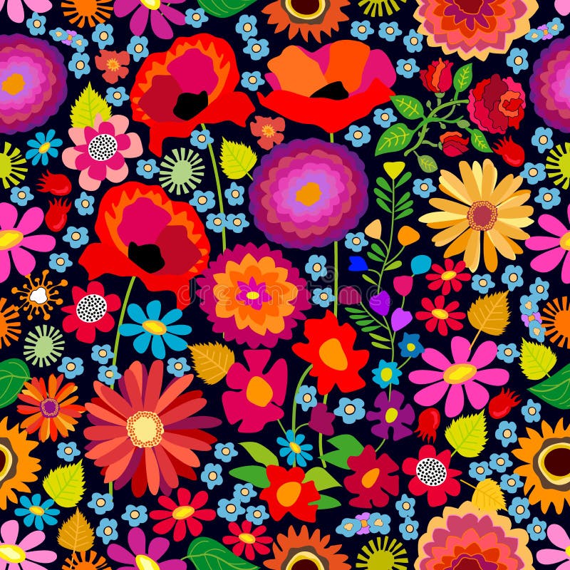 Seamless vector pattern with asters, chrysanthemums, poppies and sunflowers on black background. Folk art style textile collection. Seamless vector pattern with asters, chrysanthemums, poppies and sunflowers on black background. Folk art style textile collection.