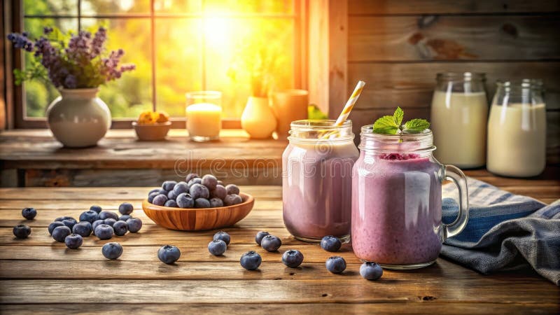 Sonniger rustikaler Küchentisch mit zwei Massagegläsern mit erfrischenden Heidelbeeren und frischen Beeren. vektor abbildung