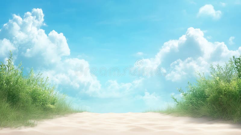 Sonniger Sandweg mit üppig grünen Buschen unter einem hellblauen Himmel vektor abbildung