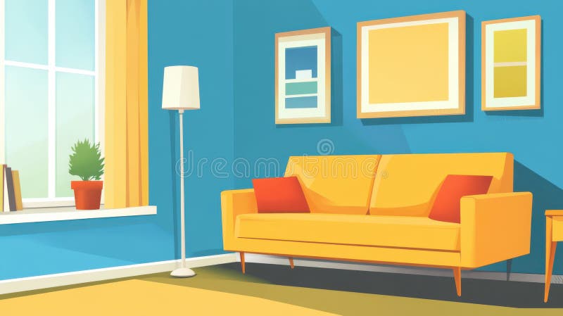 Sonniges Wohnzimmer mit gelber Couchfläche und eingerahmten Artwork an einer Teewand. Helle und fröhliche Vibes stock abbildung