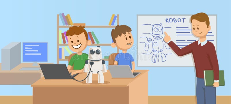 Sonriendo embroma en la sala de clase que estudia la robótica, ciencia Mecánicos de explicación del robot del profesor a los estu stock de ilustración Sonriendo embroma en la sala de clase que estudia la robótica, ciencia Mecánicos de explicación del robot del profesor a los estu stock de ilustración