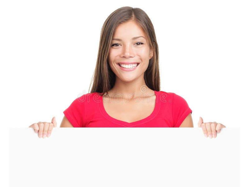 Sonrisa de la mujer de la muestra de la cartelera foto de archivo libre de regalías Sonrisa de la mujer de la muestra de la cartelera foto de archivo libre de regalías