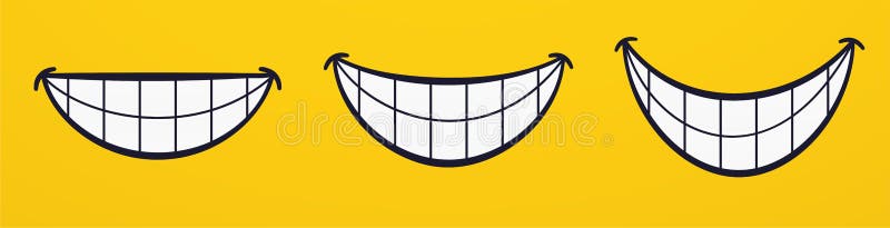 Sonrisa labios sonrientes boca alegre cara emociones. conjunto de dibujos animados riendo con dientes stock de ilustración