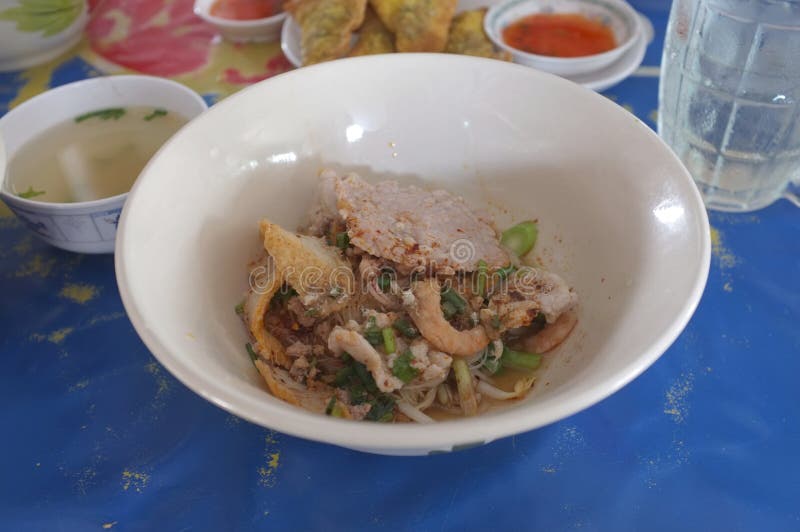 Sopa de fideos china del arroz con el cerdo, bola de pescados foto de archivo Sopa de fideos china del arroz con el cerdo, bola de pescados foto de archivo
