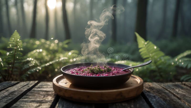 Sopa de remolacha al vapor en un ambiente rústico al amanecer libre illustration