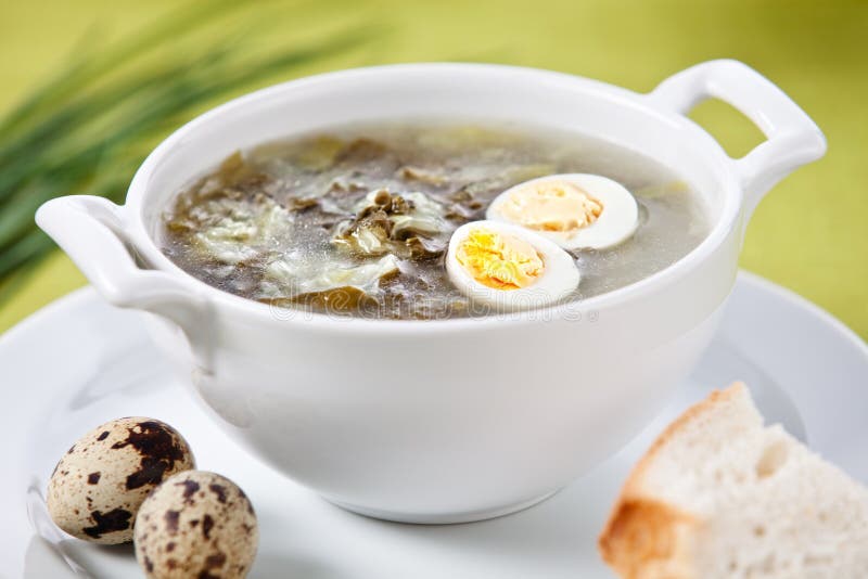 Sopa del alazán con el huevo de codornices foto de archivo Sopa del alazán con el huevo de codornices foto de archivo