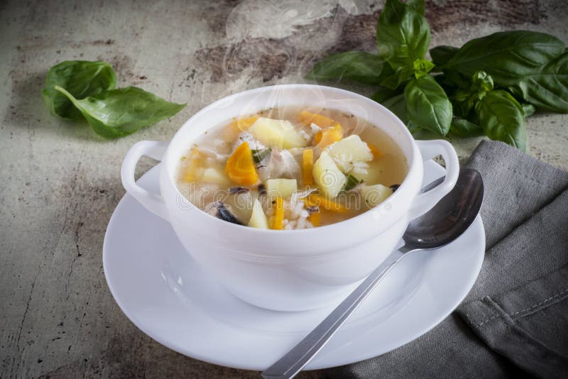 Sopa deliciosa dos peixes em uma placa branca com um guardanapo de linho em um fundo cinzento bonito foto de stock Sopa deliciosa dos peixes em uma placa branca com um guardanapo de linho em um fundo cinzento bonito foto de stock