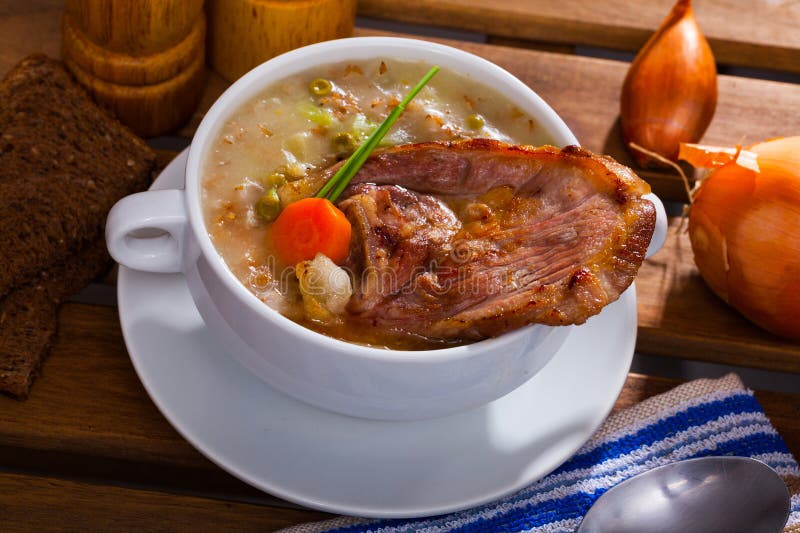 Scottish cuisine. National thick soup with lamb meat, root vegetables, pulses and barley. Scottish cuisine. National thick soup with lamb meat, root vegetables, pulses and barley