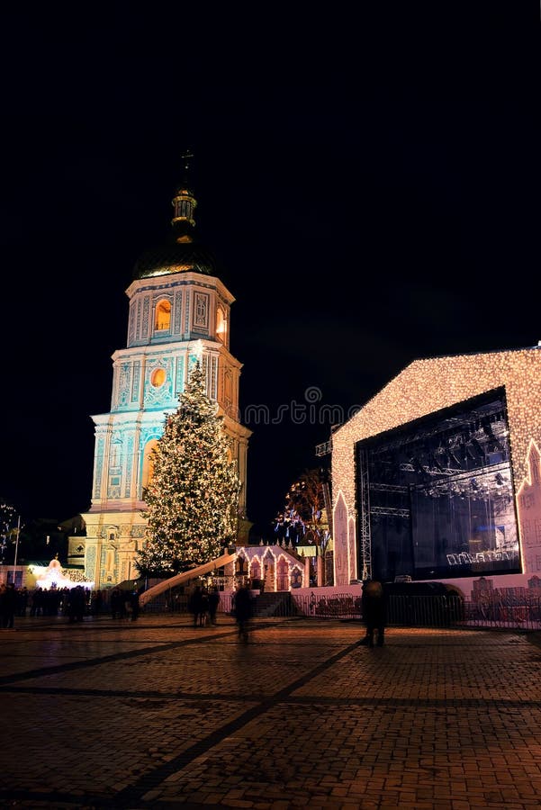 Sophia Cathedral and Christmas Decorations at Night in Kiev Ukraine ...