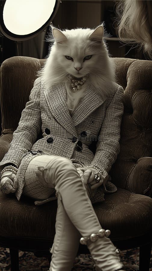 Elegant anthropomorphic persian cat in fashion studio vector illustration