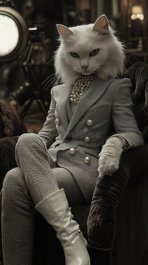 Elegant anthropomorphic persian cat in fashion studio stock illustration