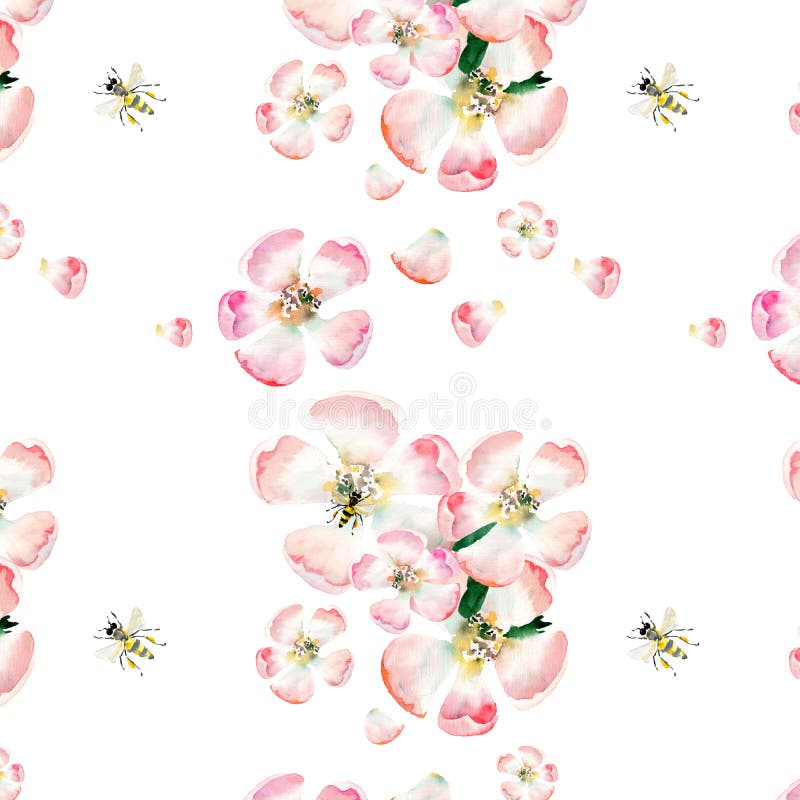 Sophisticated beautiful cute lovely tender herbal floral spring flowers of apple with green leaves and bees pattern watercolor