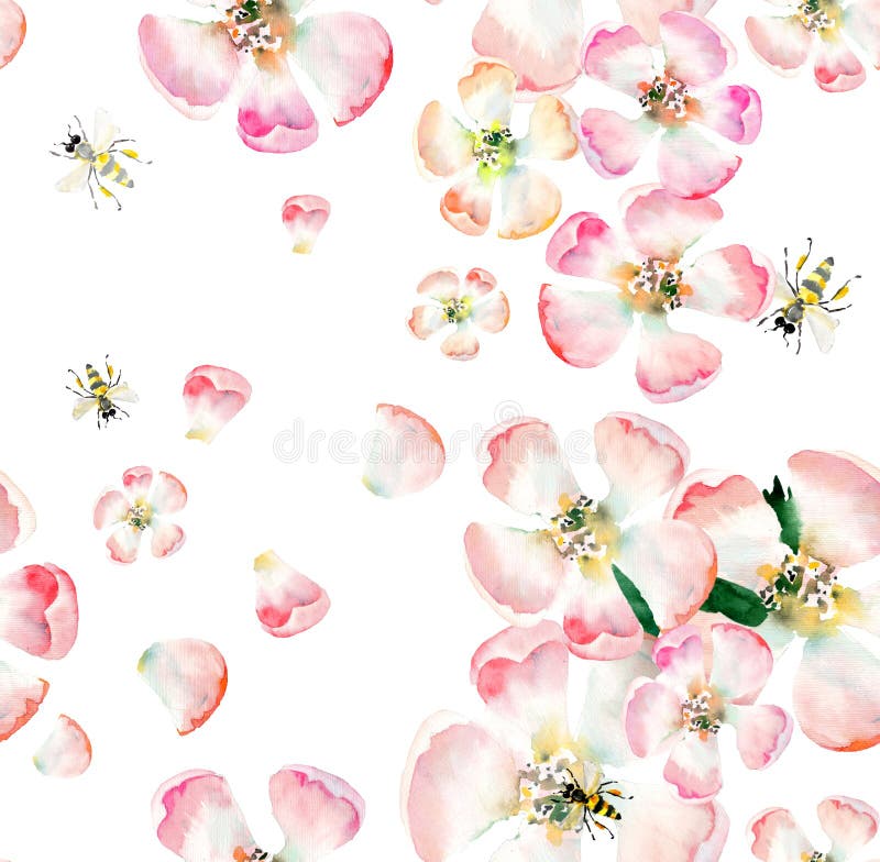 Sophisticated beautiful cute lovely tender herbal floral spring flowers of apple with green leaves and bees pattern