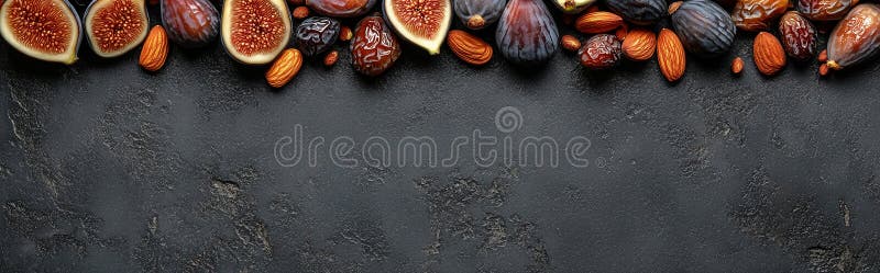 A sophisticated border made of dried figs, dates, and almonds arranged on a dark textured surface, creating a natural, organic royalty free illustration