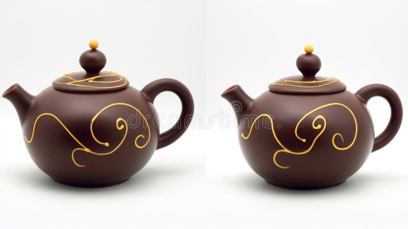 A sophisticated dark brown teapot adorned with gold patterns, depicted from three angles royalty free stock image