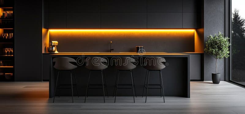 A sophisticated dark kitchen interior is enhanced by modern lighting and a garden view royalty free stock images