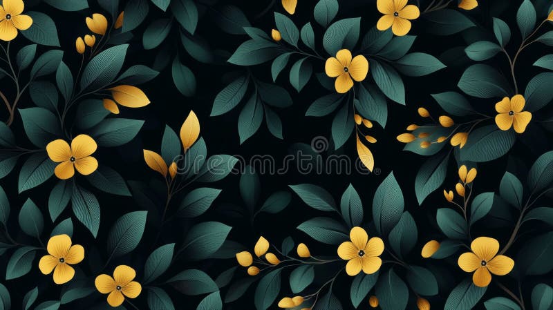 A sophisticated floral design featuring gold highlights against a dark backdrop stock image