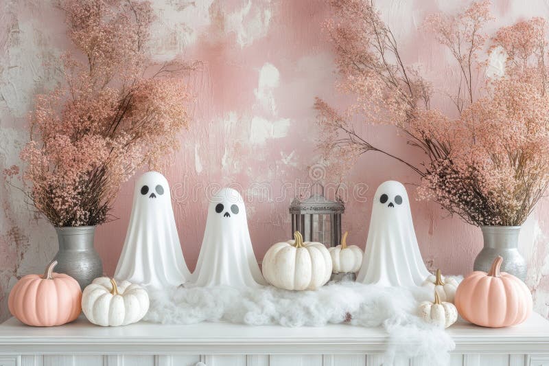 Sophisticated halloween decor in pink, white, and silver, featuring ghostly figures and pumpkins for a chic seasonal stock photography