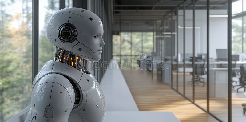 Sophisticated humanoid robot standing thoughtfully in a sleek modern office space. Future of work concept stock illustration