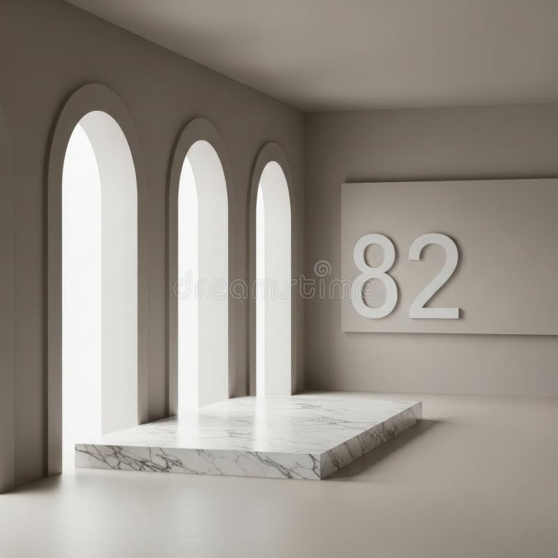 Sophisticated minimalist interior with marble display and archways vector illustration