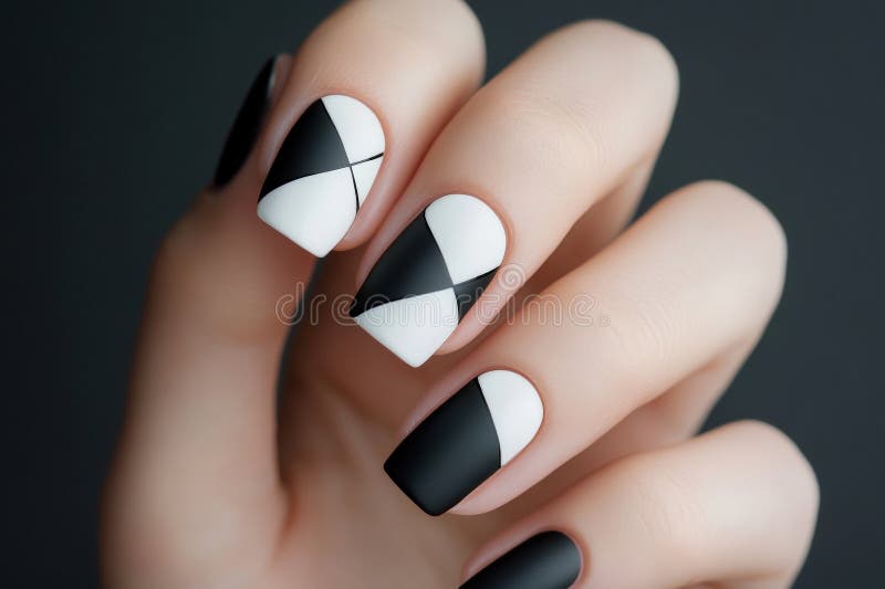 Sophisticated minimalist nail art featuring precise black and white geometric checkerboard pattern with elegant hand positioning royalty free illustration