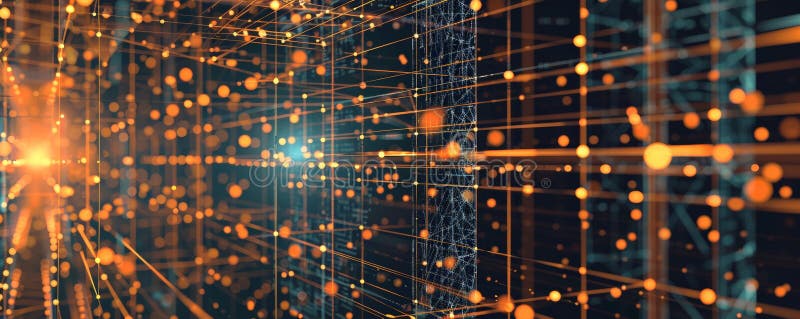 A sophisticated technology illustration featuring a square grid, interconnected lines, and bright dots, highlighting the complexity and connectivity of modern systems. AI generated