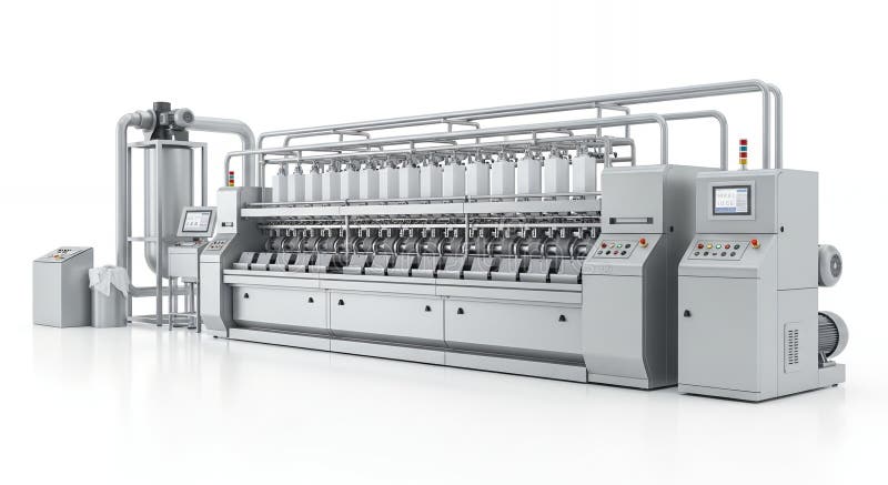 Sophisticated White Yarn Production Machine with Multiple Spindles for Automated Textile Manufacturing and Advanced royalty free illustration