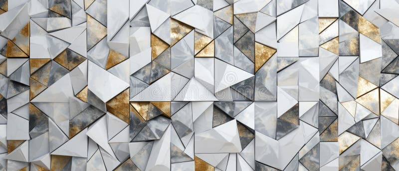 Sophistication meets geometry in this abstract arrangement of white, gold, and gray marble stone tiles, Ai Generated