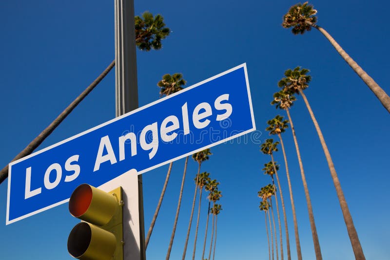 LA Los Angeles palm trees in a row typical California with road sign photo mount. LA Los Angeles palm trees in a row typical California with road sign photo mount