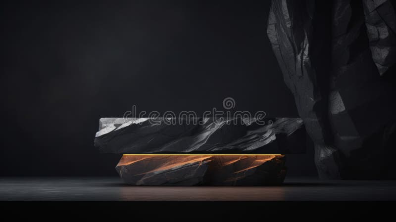 Soporte de podio de piedra de mármol gris oscuro y plano para la exposición de productos cosméticos entre las rocas. red neural ai fotografía de archivo