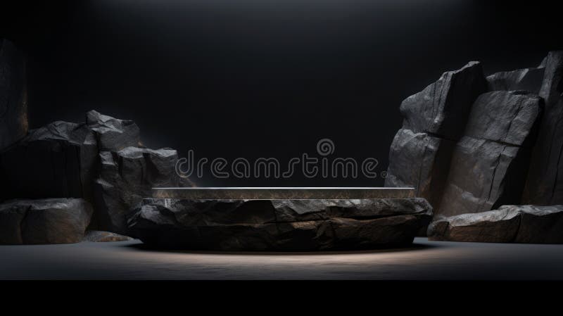 Soporte de podio de piedra de mármol gris oscuro y plano para la exposición de productos cosméticos entre las rocas. red neural ai fotografía de archivo
