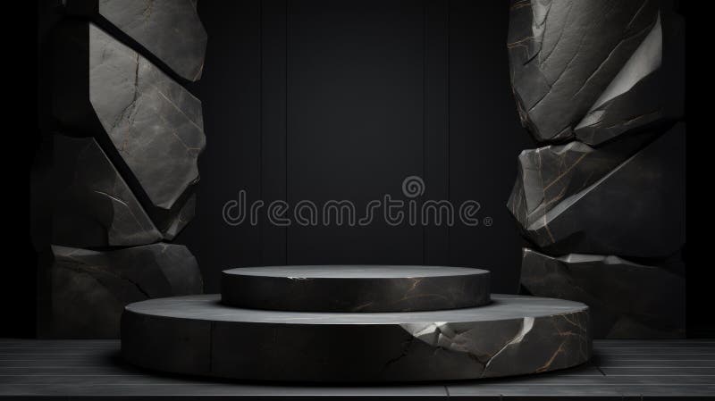 Soporte de podio de piedra de mármol gris oscuro y plano para la exposición de productos cosméticos entre las rocas. red neural ai fotos de archivo