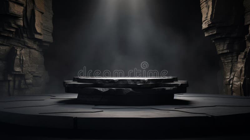 Soporte de podio de piedra de mármol gris oscuro y plano para la exposición de productos cosméticos entre las rocas. red neural ai foto de archivo
