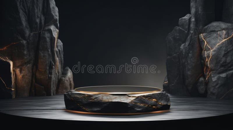 Soporte de podio de piedra de mármol gris oscuro y plano para la exposición de productos cosméticos entre las rocas. red neural ai foto de archivo
