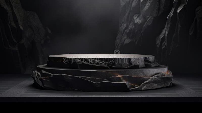 Soporte de podio de piedra de mármol gris oscuro y plano para la exposición de productos cosméticos entre las rocas. red neural ai fotografía de archivo
