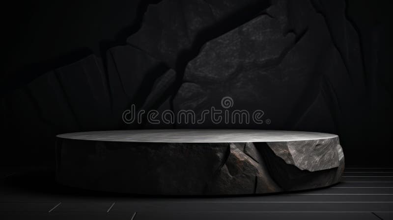 Soporte de podio de piedra de mármol gris oscuro y plano para la exposición de productos cosméticos entre las rocas. red neural ai fotos de archivo