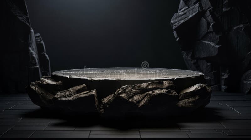 Soporte de podio de piedra de mármol gris oscuro y plano para la exposición de productos cosméticos entre las rocas. red neural ai imagenes de archivo