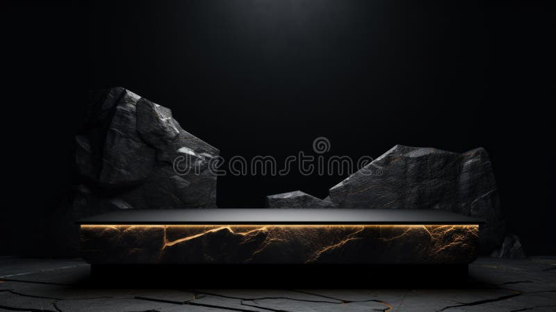Soporte de podio de piedra de mármol gris oscuro y plano para la exposición de productos cosméticos entre las rocas. red neural ai imagen de archivo libre de regalías