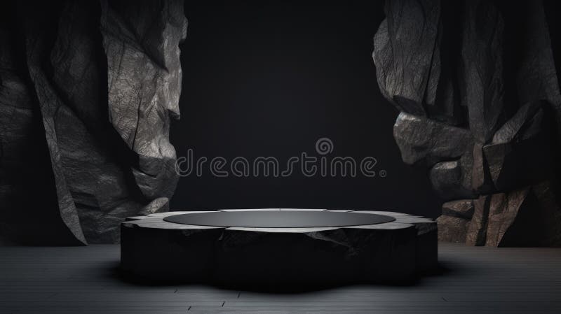 Soporte de podio de piedra de mármol gris oscuro y plano para la exposición de productos cosméticos entre las rocas. red neural ai imagenes de archivo