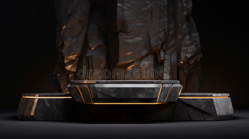 Soporte de podio de piedra de mármol gris oscuro y plano para la exposición de productos cosméticos entre las rocas. red neural ai fotografía de archivo libre de regalías