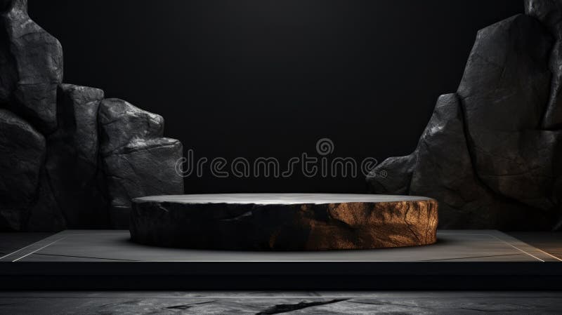 Soporte de podio de piedra de mármol gris oscuro y plano para la exposición de productos cosméticos entre las rocas. red neural ai foto de archivo libre de regalías