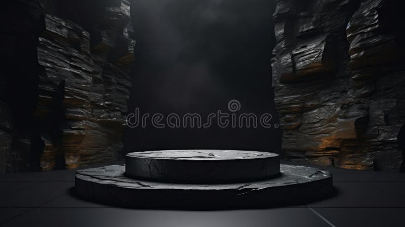 Soporte de podio de piedra de mármol gris oscuro y plano para la exposición de productos cosméticos entre las rocas. red neural ai fotografía de archivo