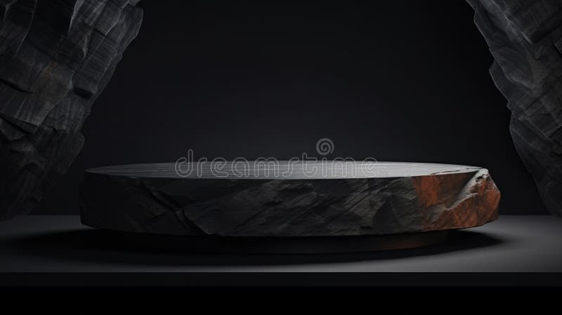 Soporte de podio de piedra de mármol gris oscuro y plano para la exposición de productos cosméticos entre las rocas. red neural ai imágenes de archivo libres de regalías